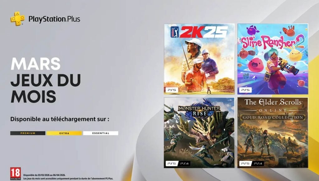 PSN+ Mars 2026 : 4 jeux, 4 builds PGA2K25 Monster Hunter Rise , Slime Rancher 2 ,ESO zéro crash playstation plus mars 2026